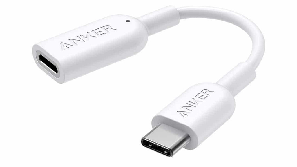 Curved white USB-C to lightning audio adapter by ANKER on a white background