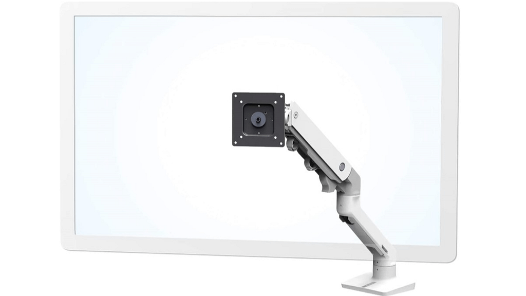 A heavy duty white and grey articulating monitor arm - the Ergotron HX Desk Monitor Arm