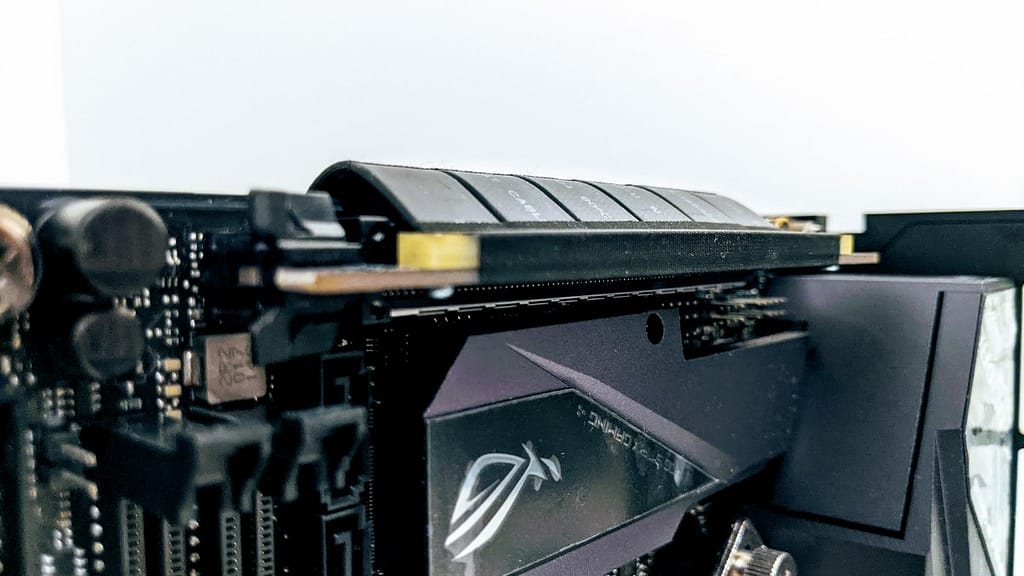 Close up view of installed Riser Cable in Formd T1 build without top or side panels