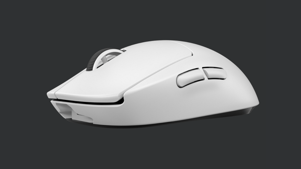The Logitech G Pro X Wireless lightweight mouse viewed from the corner showing the side buttons