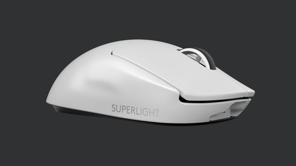 Angled view of the while ultra light G Pro X mouse with left and right main buttons