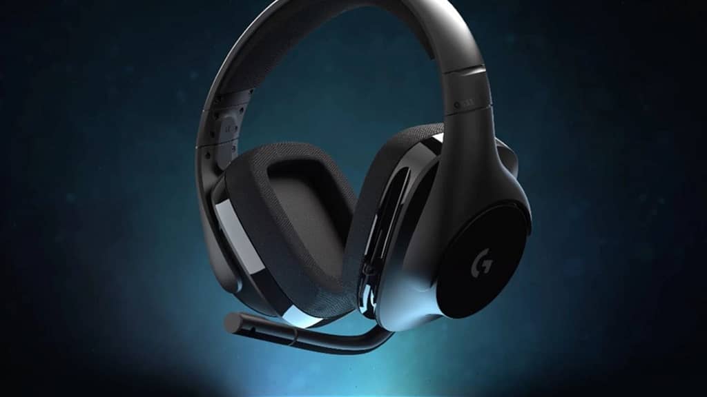 G533 wireless headset with microphone extended against a mottled blue background with strong vignetting