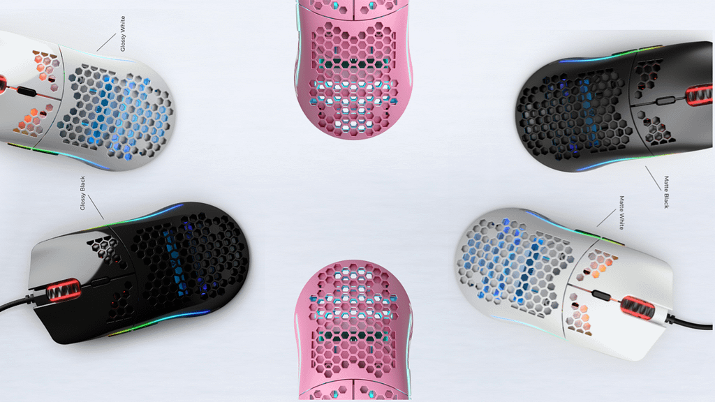 Glorious full spectrum of model o gaming mice arranged in a outward circle