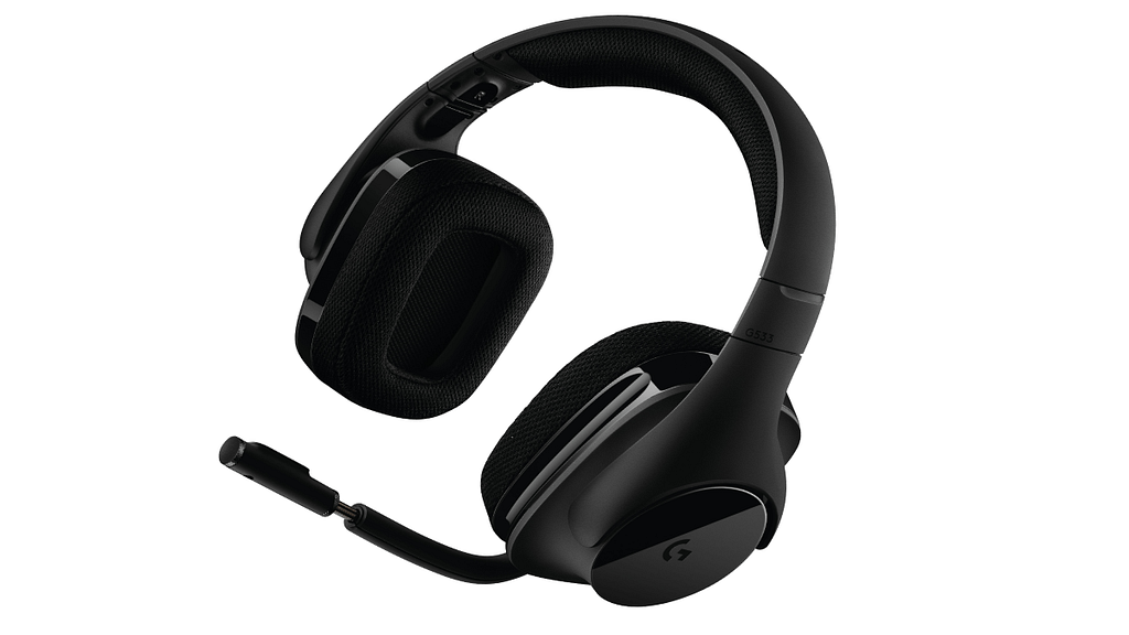 A slightly rotated black Logitech G533; the best 7.1 virtual surround sound gaming headset.