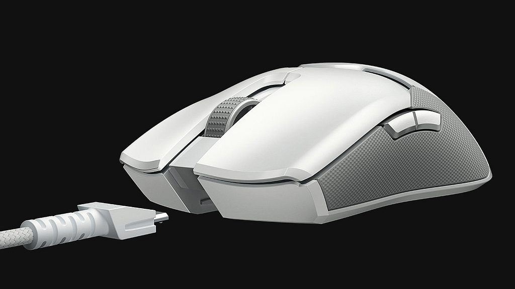 Front corner of the Mercury color Razer Viper Ultimate Gaming Mouse showing side programmable buttons and detachable USB cable