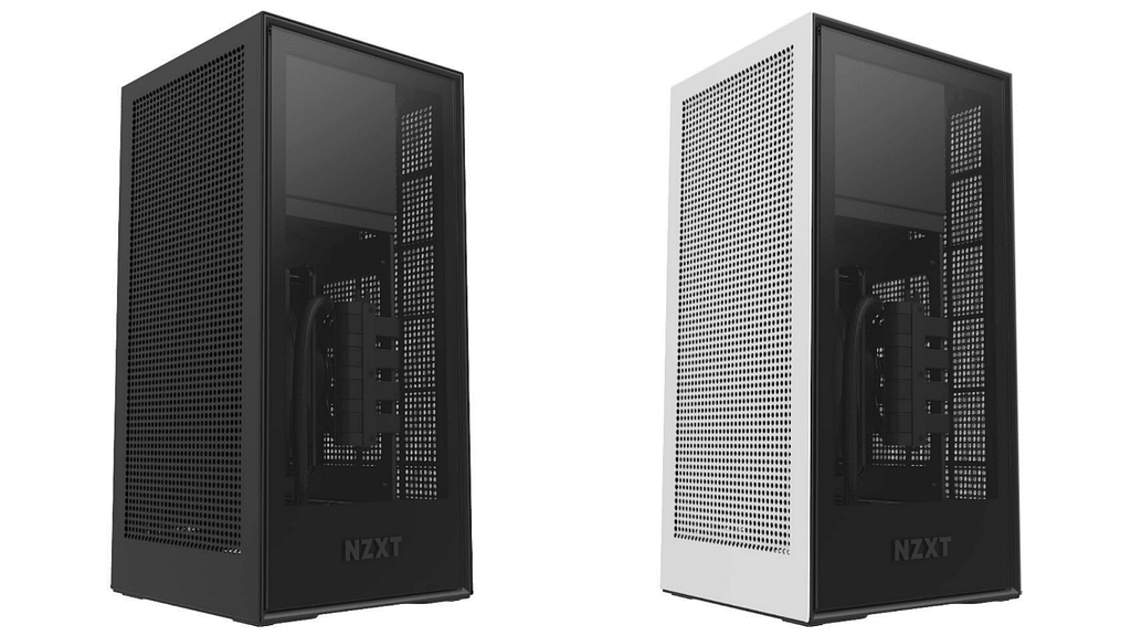 The NZXT H1 SFF PC cases in black and white