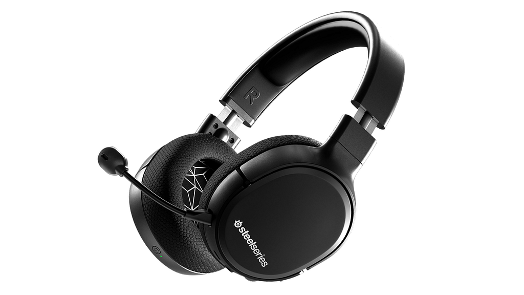 A black Arctis 1 against a white background, steelseries budget wireless gaming headset.