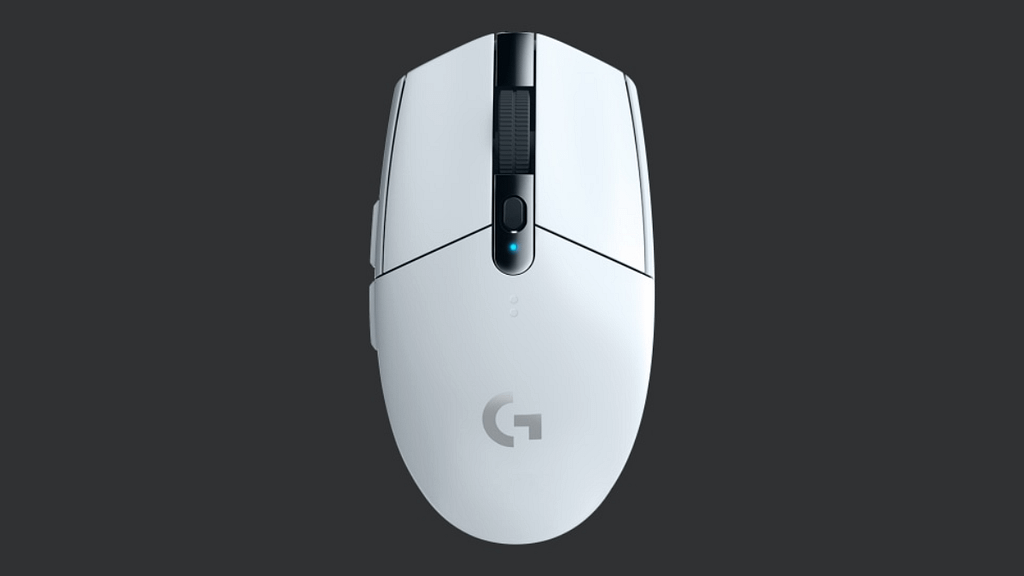 A top down view of a white Logitech G305 centered against a dark grey background