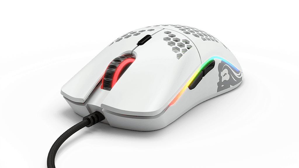 White Matt glorious model O with black thumb buttons and RGB lighting