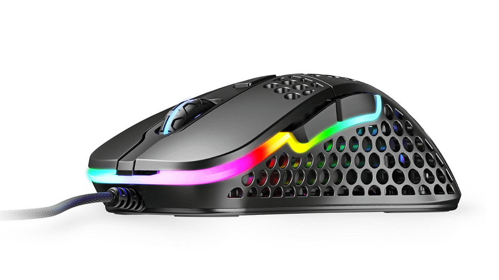 Side profile of XTRFY M4 gaming mouse illuminated by RGB lights resting on top of black mouse feet