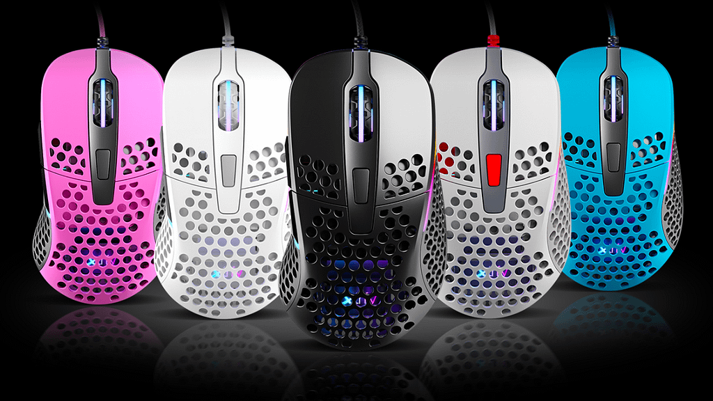 Extreme gaming performance from different colored XTRFY M4 gaming mice shown vertically