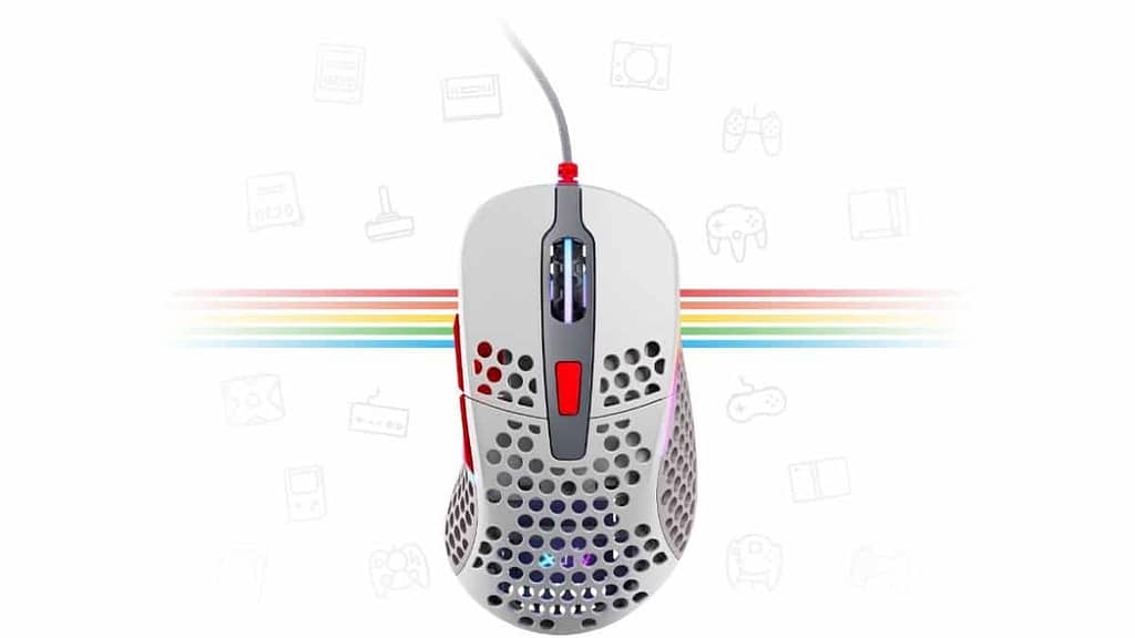 The XTRFY M4 Retro with honeycomb cut-outs on white background with a horizontal rainbow